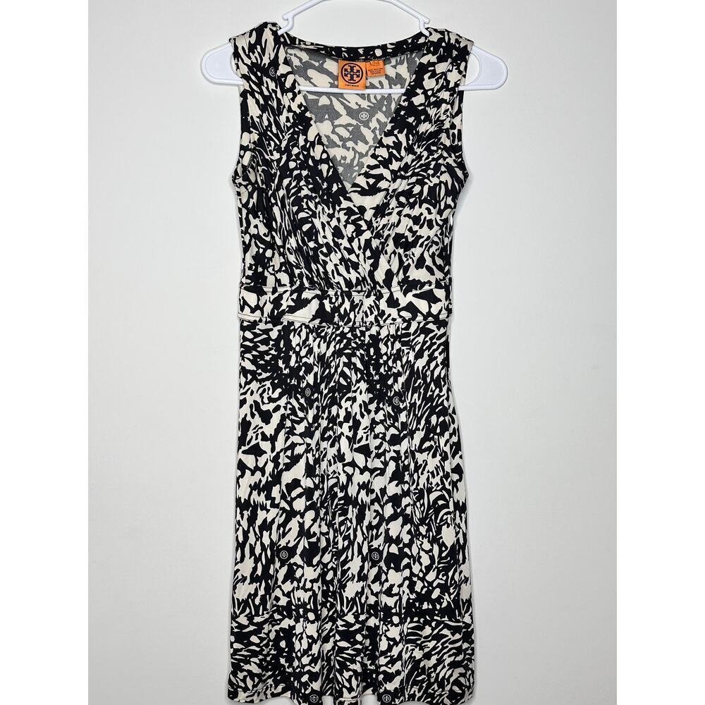 Tory Burch Black Ivory Abstract‎ Print 100% Silk Jersey Wrap Dress Womens Small